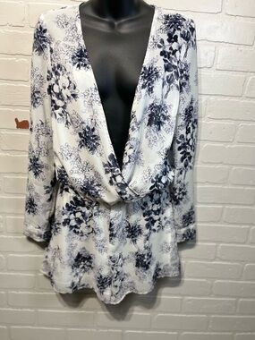 Free People White Blouse with Navy Floral Print jumpsuit